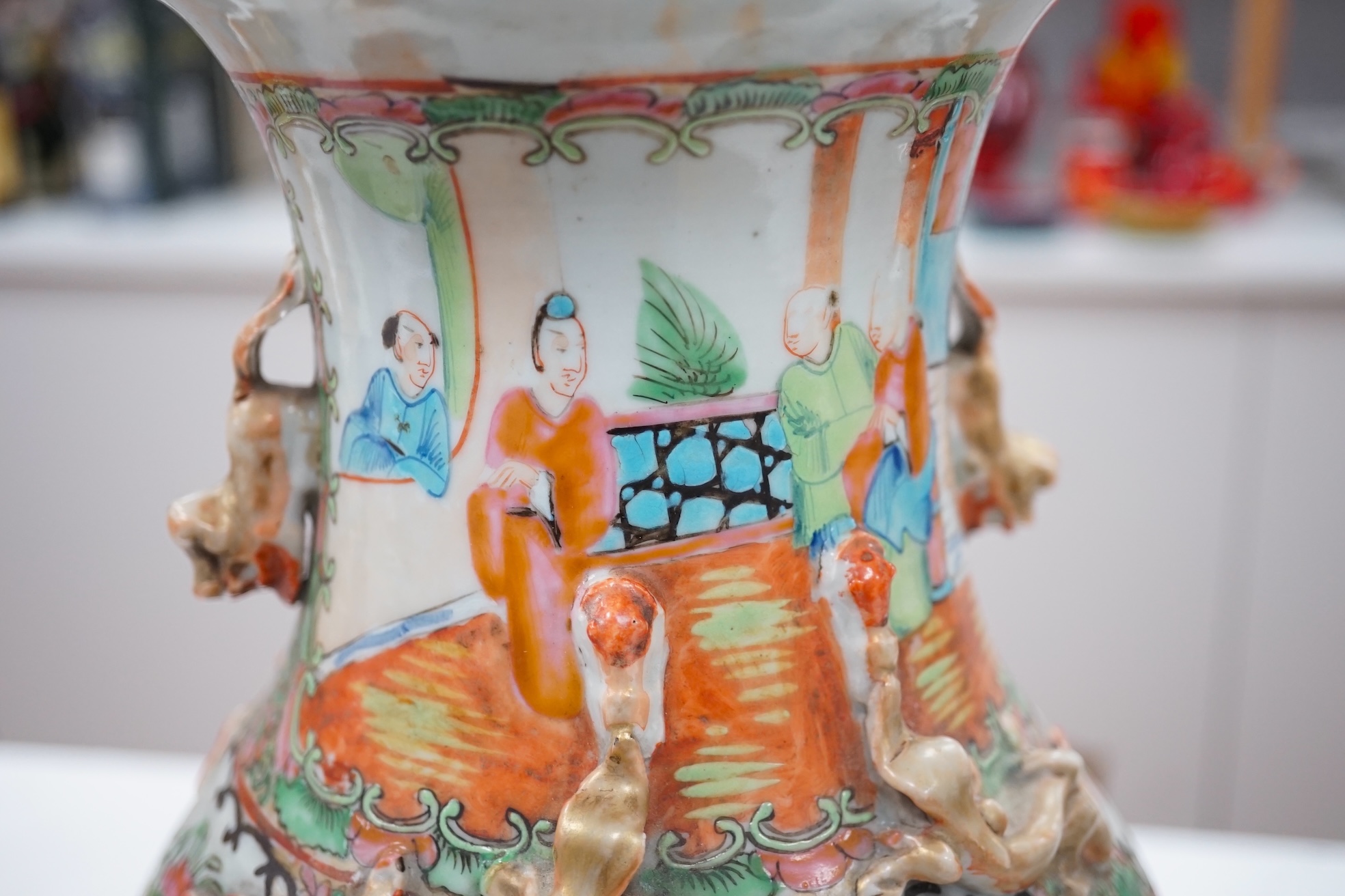 A 19th century Chinese famille rose vase, 33.5cm. Condition - poor to fair